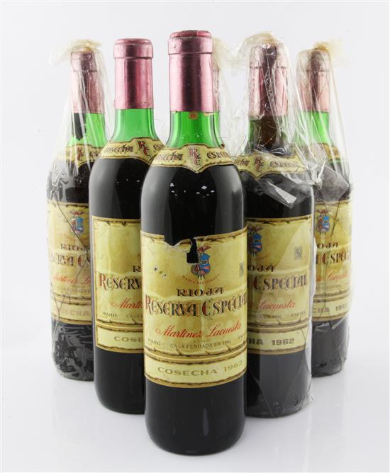 Six bottles of Martinez Lacuesta Reserva Rioja 1962,